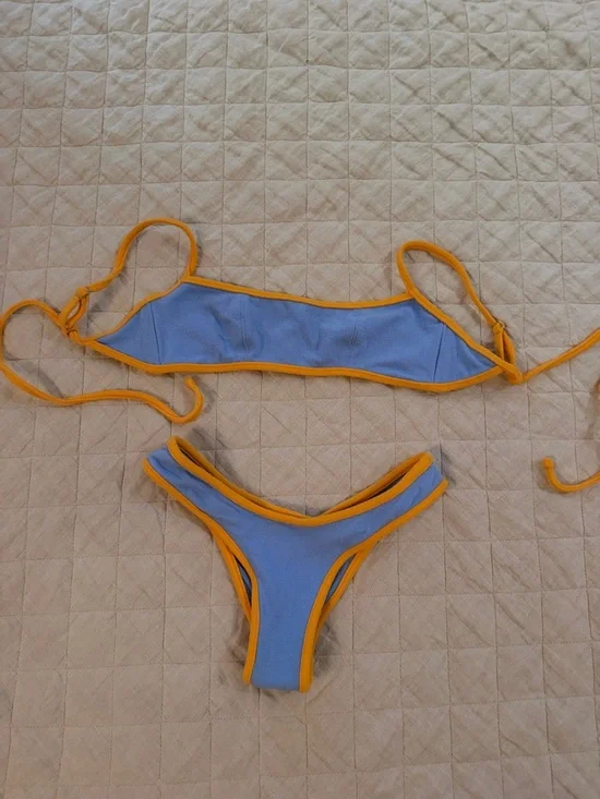 Frankie’s Bikinis Blue with Orange Trim Bikini Set - Picture 1 of 4